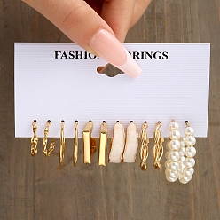 Oro Aretes de aleación rectangulares y ondulados, pendientes de medio aro con perlas de imitación para mujer, dorado, 20~49 mm, 6 estilos, 1 par / estilo, 6 pares / set