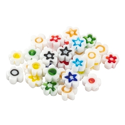 White 30Pcs Handmade Millefiori Glass Beads, Plum Flower, White, 6.4x3.2mm, Hole: 1mm, 30Pcs/Bag