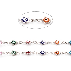 Platinum Handmade Brass Link Chains, with Enamel and Spool, Soldered, Long-Lasting Plated, Star with Evil Eye, Platinum, 10.5~11x5.5x2.5mm, about 32.8 Feet(10m)/roll