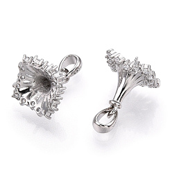 Real Platinum Plated Rhodium Plated 925 Sterling Silver Micro Pave Cubic Zirconia Peg Bails, Flower Cup Peg Bails, For Half Drilled Beads, Nickel Free, with S925 Stamp, Real Platinum Plated, 15.5x9.5x9.5mm, Hole: 2x3mm, Pin: 0.7mm