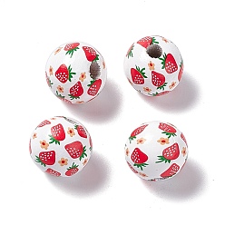 Fraise Perles européennes en bois imprimé de fruits, perle avec trou grande, ronde, rouge, Motif de fraises, 16x14.5mm, Trou: 4.2mm
