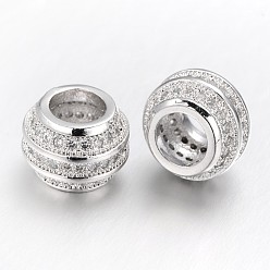 Platine Micro cuivres ouvrent zircone cubique perles européennes, perles de rondelle avec grand trou , sans plomb et sans nickel, platine, 11x8mm, Trou: 5mm
