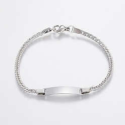 Stainless Steel Color 304 Stainless Steel Link Bracelets, ID Bracelets, with Lobster Clasp, Faceted, Rectangle, Stainless Steel Color, 180mm