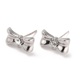 Bowknot Silver Alloy Rhinestone Stud Earring Findings, with Horizontal Loops & 925 Sterling Silver Pin, Bowknot, 8x14mm, Pin: 11x0.6mm