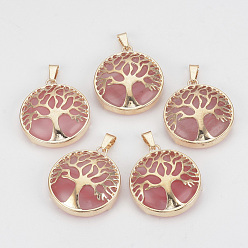 Watermelon Stone Glass Watermelon Stone Glass Pendants, with Brass Findings, Flat Round with Tree of Life, Golden, 30.5x27x8mm, Hole: 7x3mm
