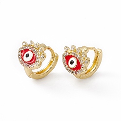 Red Clear Cubic Zirconia Evil Eye Hoop Earrings with Enamel, Real 18K Gold Plated Brass Jewelry for Women, Lead Free & Cadmium Free, Red, 11x13x12mm, Pin: 1mm