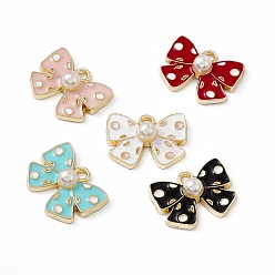 Mixed Color Alloy Enamel Pendants, with ABS Plastic Imitation Pearl Beads, Light Gold, Bowknot Charm, Mixed Color, 12.5x16.5x5mm, Hole: 1.6mm