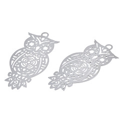 Stainless Steel Color 201 Stainless Steel Filigree Pendants, Etched Metal Embellishments, Owl, Stainless Steel Color, 48.5x23x0.2mm, Hole: 2.5mm