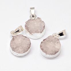 Seashell Color Electroplated Natural & Dyed Druzy Agate Pendants, with Silver Color Plated Brass Findings, Flat Round, Seashell Color, 18.5~21x14x8~10mm, Hole: 7.5x5mm