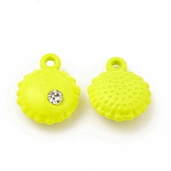Yellow Spray Painted Alloy Pendants, with Rhinestone, Flat Round Charm, Yellow, 12x9.5x4.5mm, Hole: 1.2mm