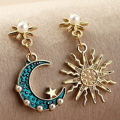 Turquoise Boucles d'oreilles asymétriques lune et soleil en émail avec perles en plastique, Boucles d'oreilles pendantes en alliage doré pour femme, turquoise, 35~36mm