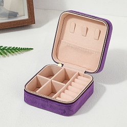 Purple Square Velvet Jewelry Set Storage Zipper Box, for Necklace Ring Earring Storage, Purple, 10x10x5cm
