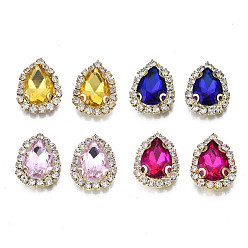 Mixed Color Sew on Rhinestone, Transparent Glass Rhinestone, with Brass Prong Settings, Faceted, Teardrop, Mixed Color, 19x14.5x5.5mm, Hole: 1mm