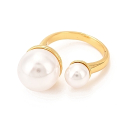 Real 18K Gold Plated Brass Cuff Ring, with Shell Pearl Round Beads, Long-Lasting Plated, Real 18K Gold Plated, US Size 6(16.5mm)