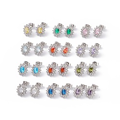 Mixed Color Cubic Zirconia & Rhinestone Oval Flower Stud Earrings, 304 Stainless Steel Jewelry for Women, Stainless Steel Color, Mixed Color, 12x10mm, Pin: 0.6mm