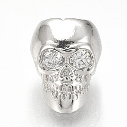 Platinum Brass Cubic Zirconia Beads, Skull, Clear, Platinum, 11.5x9x9.5mm, Hole: 1.5mm