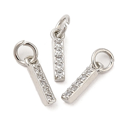 Real Platinum Plated Brass Micro Pave Grade AAA Cubic Zirconia Charms, Letter I, Cadmium Free & Nickel Free & Lead Free, Real Platinum Plated, 8.5x2x1.5mm, Hole: 2mm