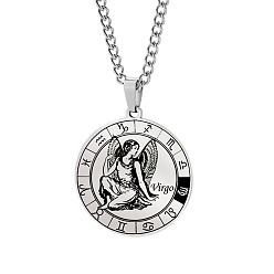 Virgo Unisex 201 Stainless Steel Constellation Pendant Necklaces, with Curb Chains, Laser Engraved Pattern, Flat Round, Virgo, 13.19 inch(335mm) 