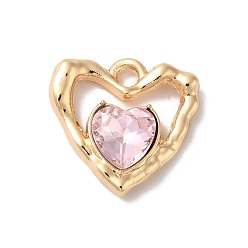 Pink Rack Plating Alloy Pandants, with Glass, Nickel Free, Heart Charms, Golden, Pink, 19x19x5mm, Hole: 2.3mm