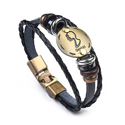 Gemini Braided Leather Cord Retro Multi-strand Bracelets, with Wood Beads, Hematite Beads and Alloy Findings, Flat Round,  Antique Bronze, Gemini, 8-1/4 inch(21cm)