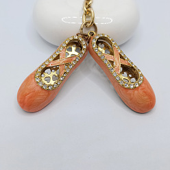 Orange Crystal Rhinestone Ballet Shoes Keychains, with Enamel, KC Gold Plated Alloy Charm Keychain, Orange, 11.6x1.65cm