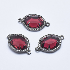 Dark Red Brass Micro Pave Cubic Zirconia Links, with Glass, Faceted, Oval, Gunmetal, Dark Red, 26x16x5mm, Hole: 1.6mm