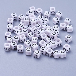 Letter C Acrylic Horizontal Hole Letter Beads, Cube, White, Letter C, Size: about 6mm wide, 6mm long, 6mm high, hole: about 3.2mm, about 2600pcs/500g
