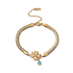 Clover Enamel Evil Eye Link Bracelet with Flat Snake Chains, 304 Stainless Steel Jewelry for Women, Golden, Clover Pattern, Clover: 14x21x1.5mm, 7-5/8 inch(19.5cm)