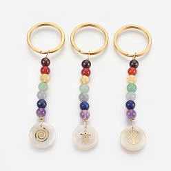 Golden Natural Mixed Gemstone Keychain, with 304 Stainless Steel Split Key Rings and Freshwater Shell Pendants, Golden, 91mm