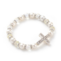 Beige Perles de verre galvanoplastie étendent bracelets, avec des perles de strass en alliage, perles rondes en perles de verre et entretoises en laiton, croix, beige, 2-1/4 pouce (5.8 cm)