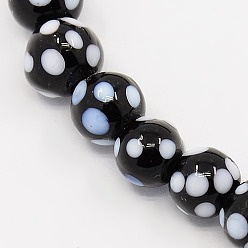 Black Handmade Lampwork Round Beads Strands, polka-dotted, Black, 8mm, Hole: 1mm, about 35pcs/strand, 10.43 inch