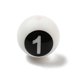 Blanc Rond avec chiffre noir 1 perles en silicone, perles à mâcher pour les jouets de dentition, Diy soins infirmiers colliers faisant, blanc, 14.5~15x14.5mm, Trou: 2mm