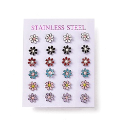 Stainless Steel Color Mixed Color Bling Enamel Daisy Flower Stud Earrings, 304 Stainless Steel Earrings with 316 Surgical Stainless Steel Pins for Women, Stainless Steel Color, 8x8x1.5mm, Pin: 0.8mm