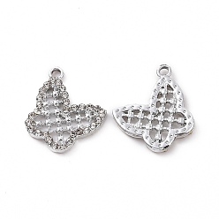 Platinum Alloy Crystal Rhinestone Pendants, Hollow Out Butterfly Charms, Platinum, 16x16.5x2.2mm, Hole: 1.6mm