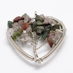 Indian Agate Tree of Life Natural Indian Agate Bead Brass Wire Wrapped Heart Big Pendants, Cadmium Free & Nickel Free & Lead Free, Platinum, 45~50x48~52x6~9mm, Hole: 4~6mm
