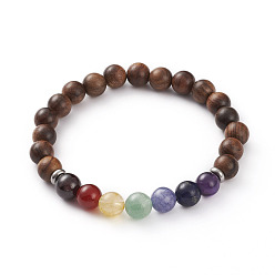 Coconut Brown Chakra Jewelry, Natural Wood Beads Stretch Bracelets, with Natural Gemstone Beads and 304 Stainless Steel Spacer Beads, Round, Coconut Brown, Inner Diameter: 2-1/8 inch(5.4cm), 4pcs/set