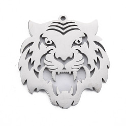 Stainless Steel Color 304 Stainless Steel Pendants, Laser Cut, Tiger, Stainless Steel Color, 42x39x2mm, Hole: 2mm