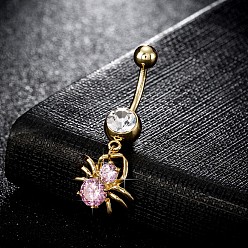 Pink Piercing Jewelry, Brass Cubic Zirconia Navel Ring, Belly Rings, with Surgical Stainless Steel Bar, Cadmium Free & Lead Free, Real 18K Gold Plated, Spider, Pink, 38x16mm, Bar: 15 Gauge(1.5mm), Bar Length: 3/8"(10mm)
