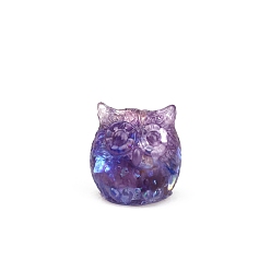 Amethyst Owl Resin Figurines, with Natural Amethyst Chips inside Statues for Home Office Decorations, 17~18.5x18.5x18mm
