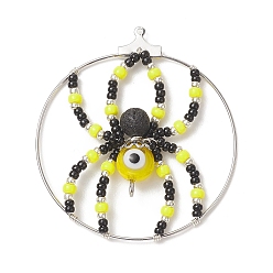 Yellow Brass Pendants, with Glass Seed & Evil Eye Lampwork & Natural Lava Rock Beads, Ring with Spider Charms, Yellow, 44~48x40~43x8mm, Hole: 1mm and 2mm