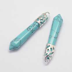 Synthetic Turquoise Synthetic Turquoise Big Pointed Pendants, with Alloy Findings, Bullet, Platinum, 57~63x13x10mm, Hole: 3x4mm