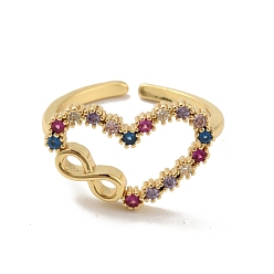 Real 18K Gold Plated Colorful Cubic Zirconia Heart with Infinity Open Cuff Ring, Brass Jewelry for Women, Cadmium Free & Lead Free, Real 18K Gold Plated, US Size 5 3/4(16.3mm)