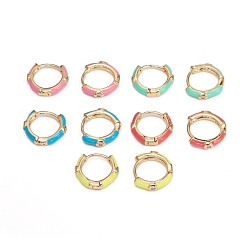 Mixed Color Brass Micro Pave Clear Cubic Zirconia Huggie Hoop Earrings, with Enamel, Mixed Color, 16x3mm, Pin: 1mm