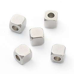 Color de Acero Inoxidable 304 bolas de acero inoxidable, cubo, facetados, color acero inoxidable, 4x4x4 mm, agujero: 2 mm