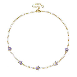 Medium Purple Cubic Zirconia Classic Tennis Necklace with Flower Links, Golden Brass Jewelry for Women, Medium Purple, 14.37 inch(36.5cm)