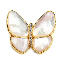 Golden White Shell Broochs, Butterfly with Heart Brass Rhinestone Pins for Women, Golden, 32x36x9mm, hole: 5x3mm