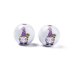 Gnome Easter Theme Printed Wooden Beads, Round, Medium Orchid, Gnome Pattern, 15.5~16x15mm, Hole: 3.5mm