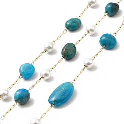 Apatite Ion Plating(IP) 316 Surgical Stainless Steel Paperclip Chains, with Natural Apatite Nuggets Beads and Glass Beads, Soldered, Real 18K Gold Plated, with Spool, Link: 2.5x1x0.5mm