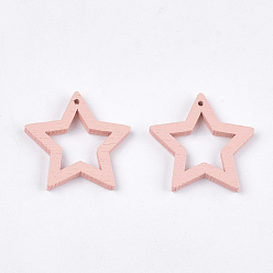 Pink Pendentifs en bois de peuplier peint, étoiles, rose, 24.5~25x24.5x2.5mm, Trou: 1.2mm