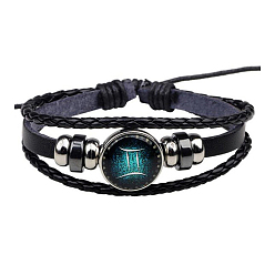 Gemini Constellation Glass Link Multi-strand Bracelet, PU Leather Braided Triple Layer Gothic Bracelet for Men Women, Gemini, 7-1/8~9-7/8 inch(18~25cm)